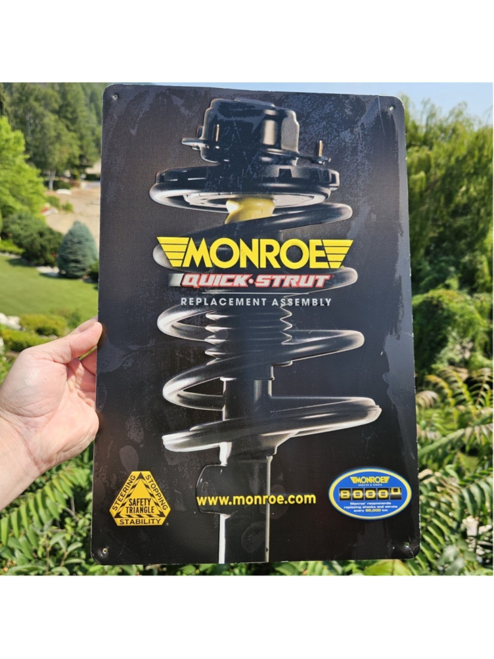 Original Monroe Quick-Strut Metal Advertising Sign Shocks Struts Garage 12 x 16